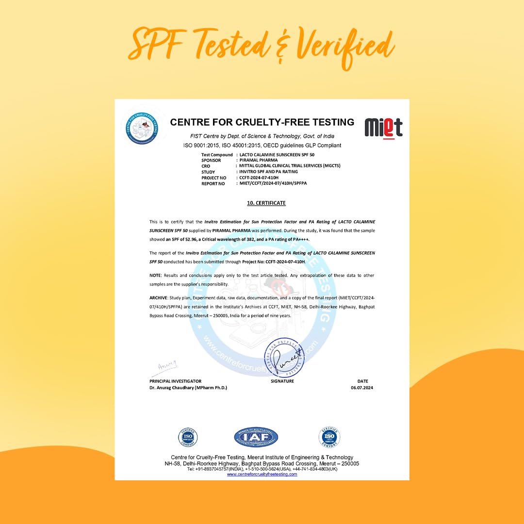 Certification document for SPF-tested and verified product on a yellow background