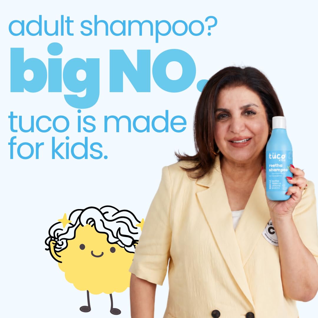 Tuco Kids Mild Shampoo for Kids, Soapnut, Almond & Henna, Tear-Free, 300ml | Gentle kids shampoo for 5 to 10 years. Tear, Paraben, SLS & sulphate free. Soft, smooth & tangle-free hair. Vegan & pH 5.5.