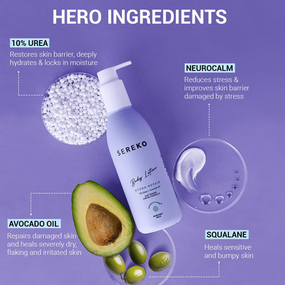 Sereko 10% Urea & Avocado Oil Body Lotion 200ML | For Strawberry legs, Detans, Rough Bumpy skin| Body lotion for Men & Women | AHA BHA free | Gentle Exfoliating | with 48H Moisturization | Very dry, flaky skin