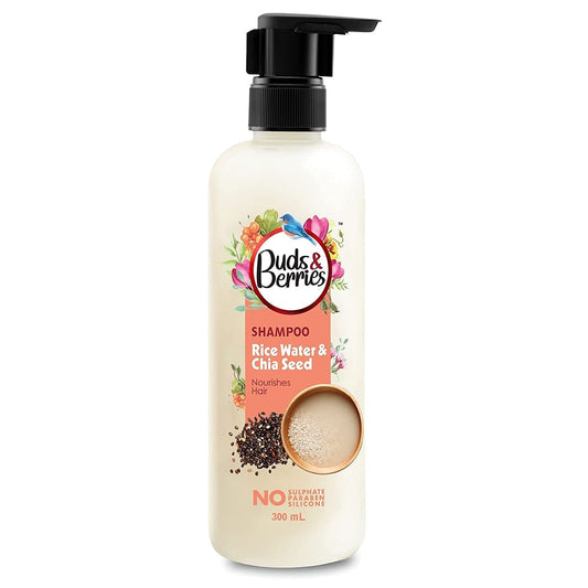 Buds & Berries Nourishment Shampoo with Rice Water and Chia Seeds | Strengthens Hair, 120 Hours of Conditioning | No Sulphate, No Paraben, No Silicone (300 ml)