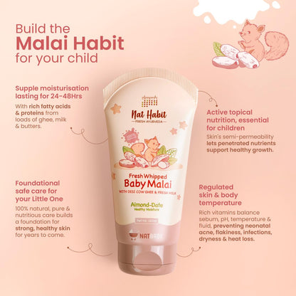 Nat Habit Baby Malai |Almond & Date| Baby Body Lotion & Moisturizer for Deep Nourishment & Skin Barrier Protection | 100% Natural, Chemical-Free Baby Cream | 120ml