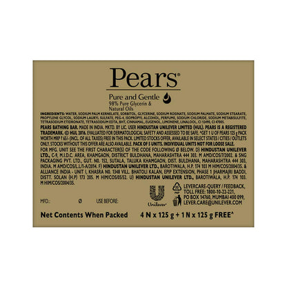 Pears Original Glycerin Soap Bar - Pure & Gentle Glow | With 98% Pure Glycerin | For Hydration & Glow | With Plant Based Cleanser for Skin & Body | Paraben-free | 125gms x 5