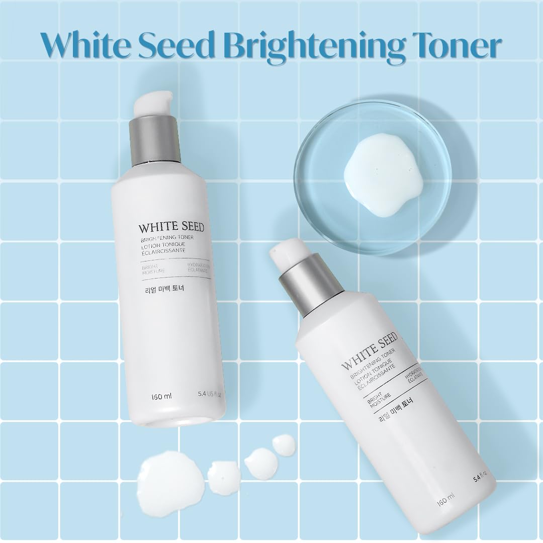 White Seed Brightening Toner bottles on a blue tiled background