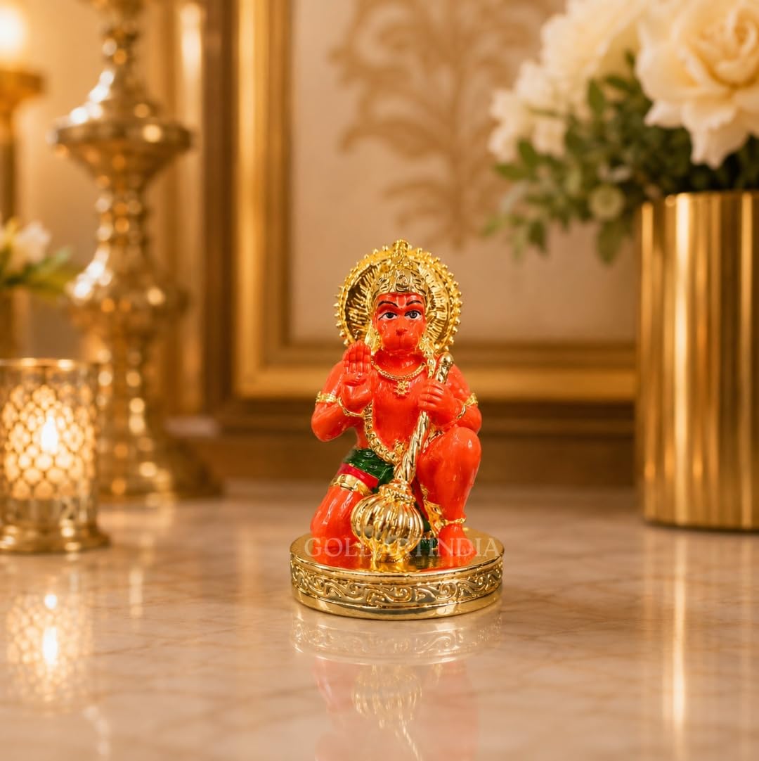 Gold Art India Hanumanji Sitting with Gada Gold Plated Hanuman Statue for Car Dashboard, Hanuman ji murti for Home Decor, Office Shelves, and Gifts