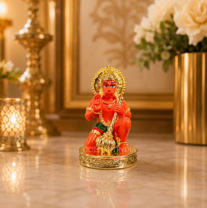 Gold Art India Hanumanji Sitting with Gada Gold Plated Hanuman Statue for Car Dashboard, Hanuman ji murti for Home Decor, Office Shelves, and Gifts
