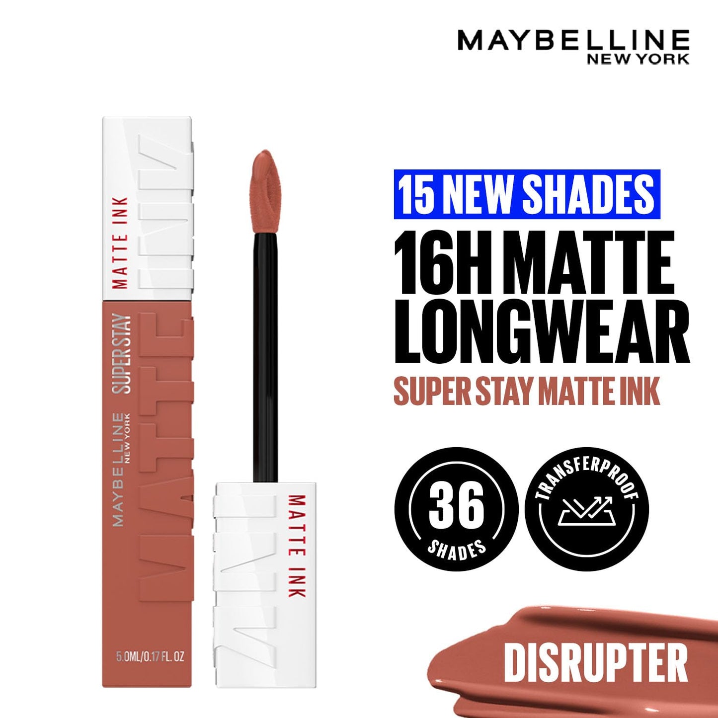 Maybelline New York Superstay Matte Ink Liquid Lipstick, Disrupter | No budge bold color for 16H | Transferproof, Waterproof, Foodproof | Brown skin friendly
