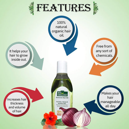 Bottle of organic hair oil with features highlighted on a green background
