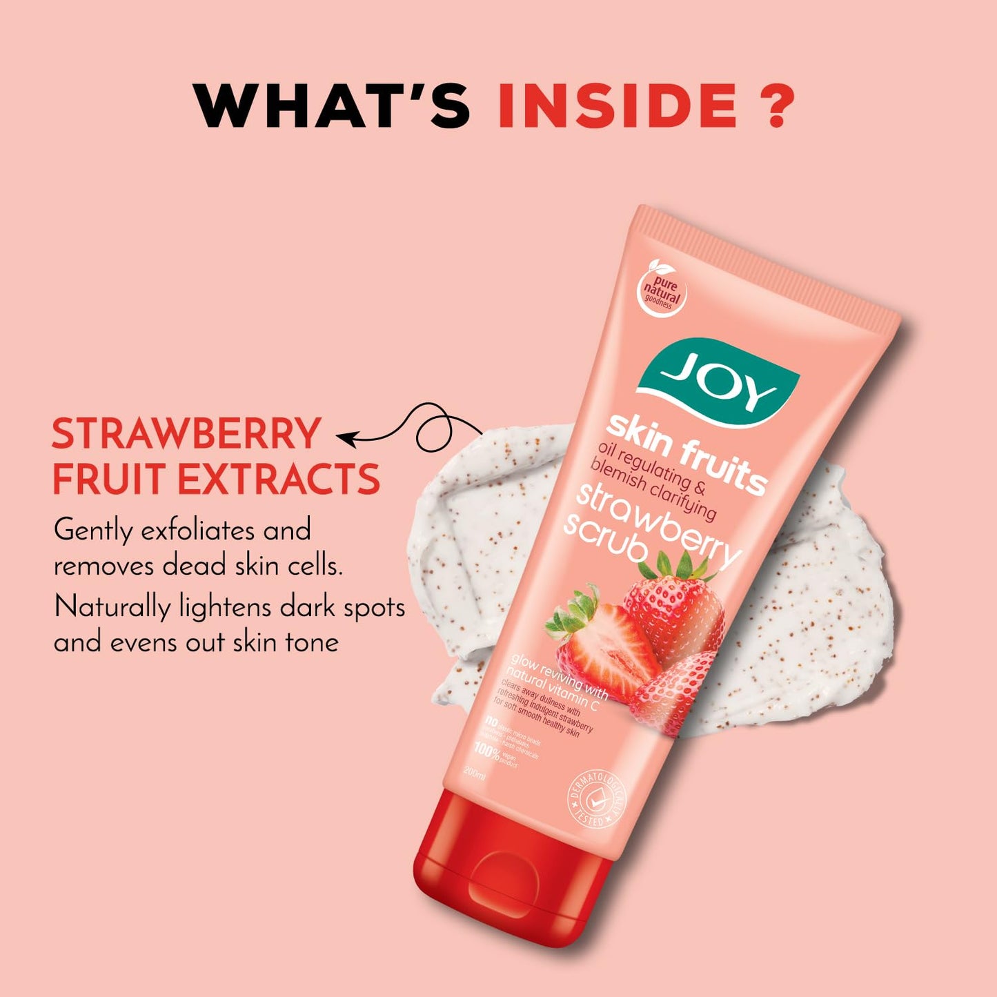Joy Strawberry Face & Body Scrub for Blackhead Removal & Oil Control - 200gm | Exfoliating Scrub with Vitamin C, Controls Excess Oil & Removes Blemishes | 100% Vegan & Gentle on Skin