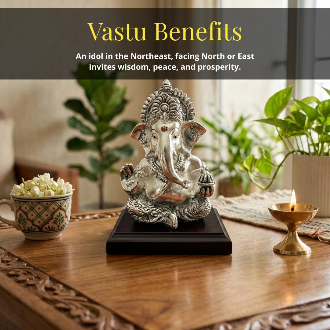 Dev Aastha 999 Silver Plated Lord Ganesha Idol Sitting with Intricate Detailing - Vighnaharta Showpiece for Prosperity and Good Fortune - Premium Anti-Tarnish Murti for Temple and Desk