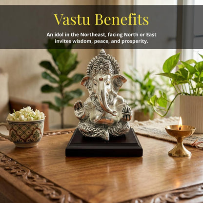Dev Aastha 999 Silver Plated Lord Ganesha Idol Sitting with Intricate Detailing - Vighnaharta Showpiece for Prosperity and Good Fortune - Premium Anti-Tarnish Murti for Temple and Desk