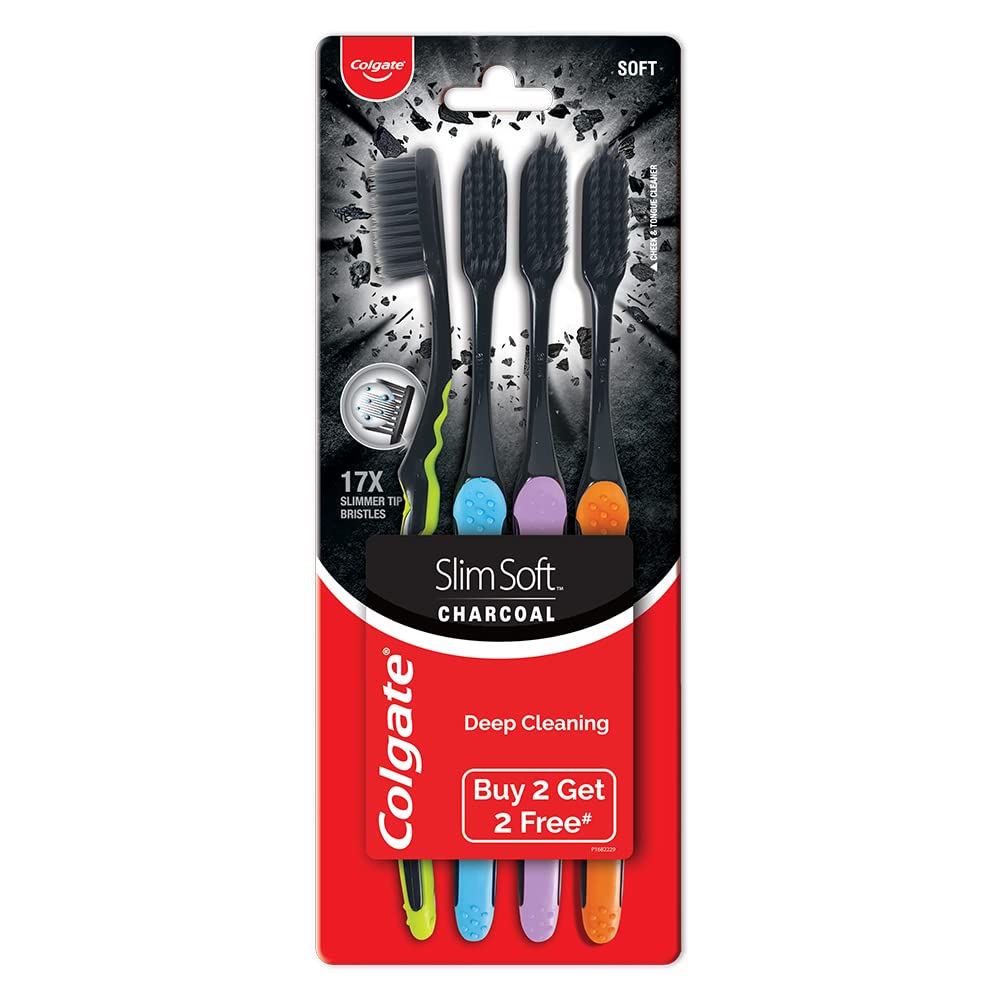 Colgate Visible White O2, Teeth Whitening Toothpaste, Peppermint Sparkle, 50g & Colgate Slim Soft Charcoal Toothbrush (Buy 2 Get 2 Free) - 4 Pcs