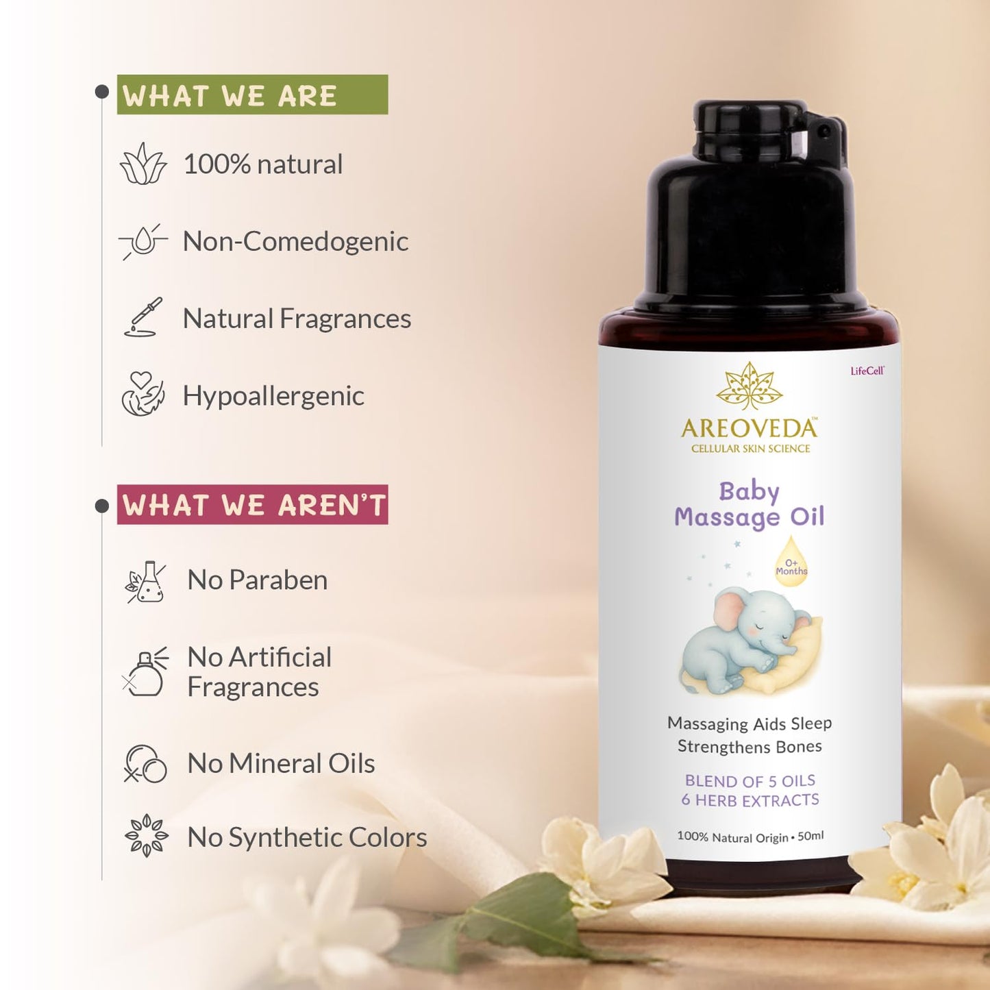 AreoVeda Organic Cold-Pressed Baby Massage Oil for Babies & Toddlers (50ml) | With Almond (Badam) & Sesame Oils | Non-Sticky & Quick-Absorbing | Massage Strengthens Bones, Aids Sleep