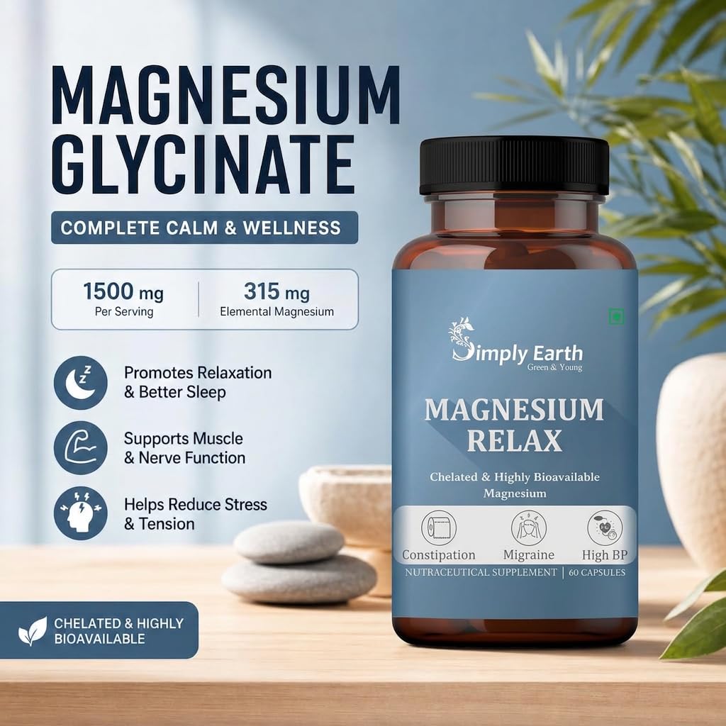 Simply Earth Magnesium Bisglycinate 1500 MG(Elemental 315) Most Bioavailable Magnesium for Sleep, Muscle, Bone & Heart Support | Supports Sleep, Recovers Muscles with Vitamin B6-60 Capsules