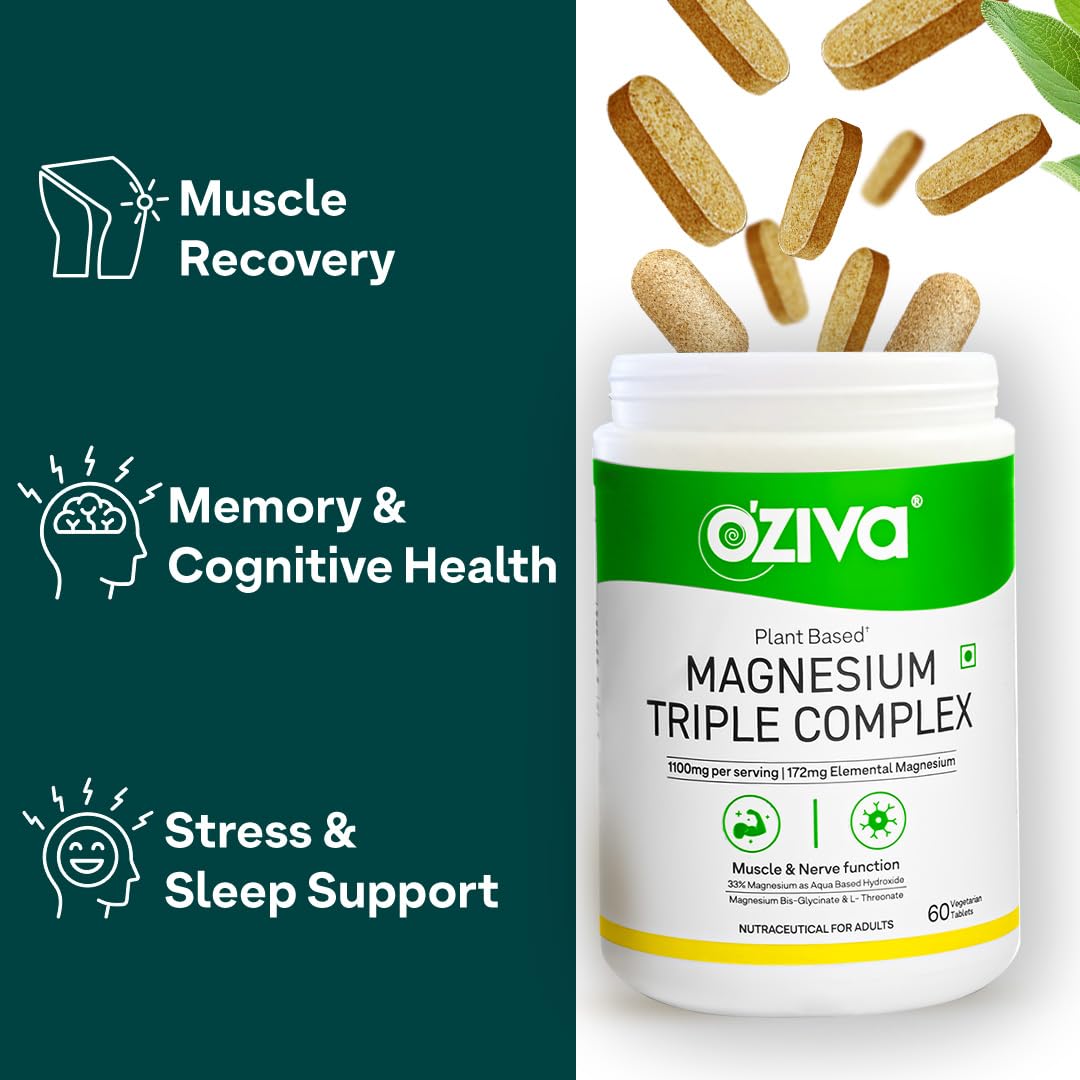 OZiva Magnesium Triple Complex for Muscle, Sleep and Nerve Function | With Aquamin Mg, Glycinate, Magnesium L-Threonate & Bisglycinate | 60 Vegetarian Tablets