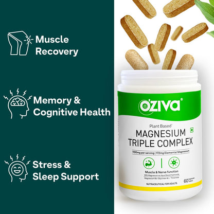 OZiva Magnesium Triple Complex for Muscle, Sleep and Nerve Function | With Aquamin Mg, Glycinate, Magnesium L-Threonate & Bisglycinate | 60 Vegetarian Tablets