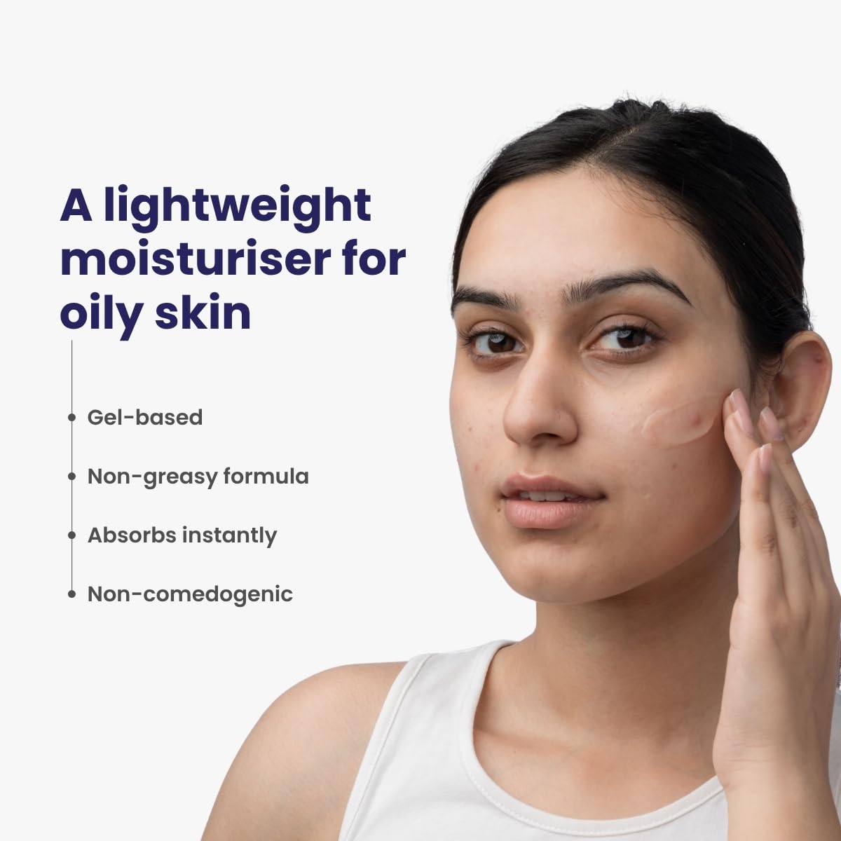 Woman applying moisturizer to her face with text about a lightweight moisturizer for oily skin.