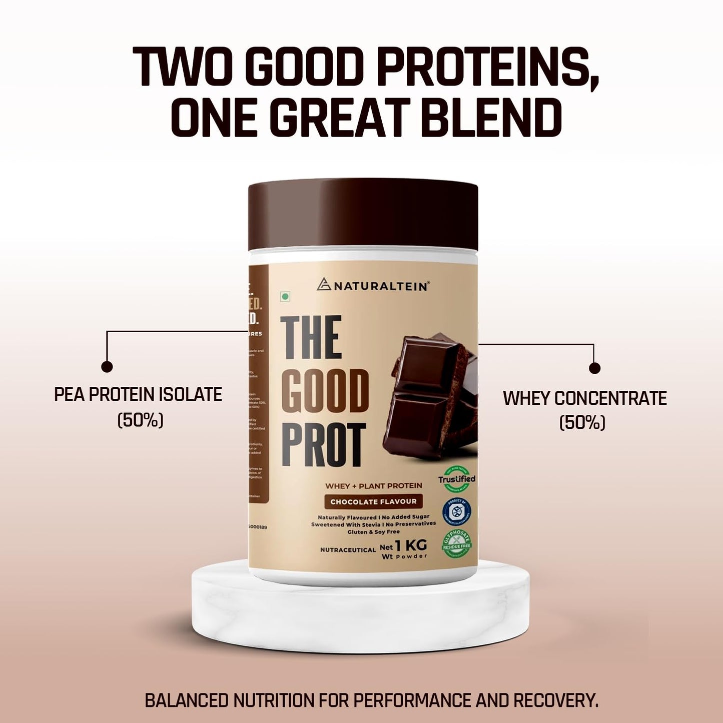Protein powder container with 'The Good Prot' branding on a beige background