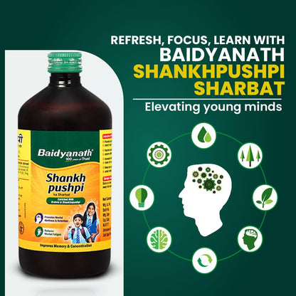 Baidyanath Ayurved Shankhpushpi Syrup 450ml | Memory Booster & Concentration Support | Brahmi Shankhpushpi Formula | Brain Tonic for Kids & Adults | Natural Botanical Ingredients
