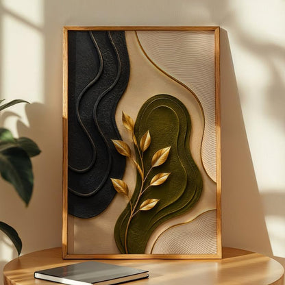 Abstract Botanical Wall Painting with Frame Set of 1 | Premium Textured Gold Leaf Artwork, Modern Black Green Beige Nature Wall Decor for Living Room, Bedroom, Office and Home Decoration (Art-9,10x13inch)