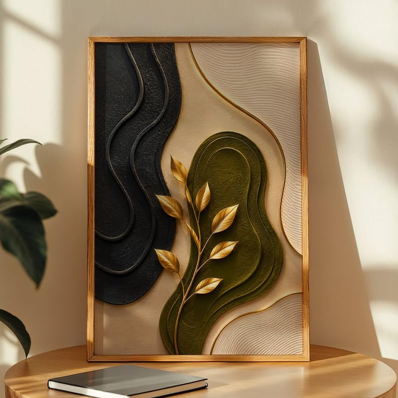 Abstract Botanical Wall Painting with Frame Set of 1 | Premium Textured Gold Leaf Artwork, Modern Black Green Beige Nature Wall Decor for Living Room, Bedroom, Office and Home Decoration (Art-19,10x13inch)