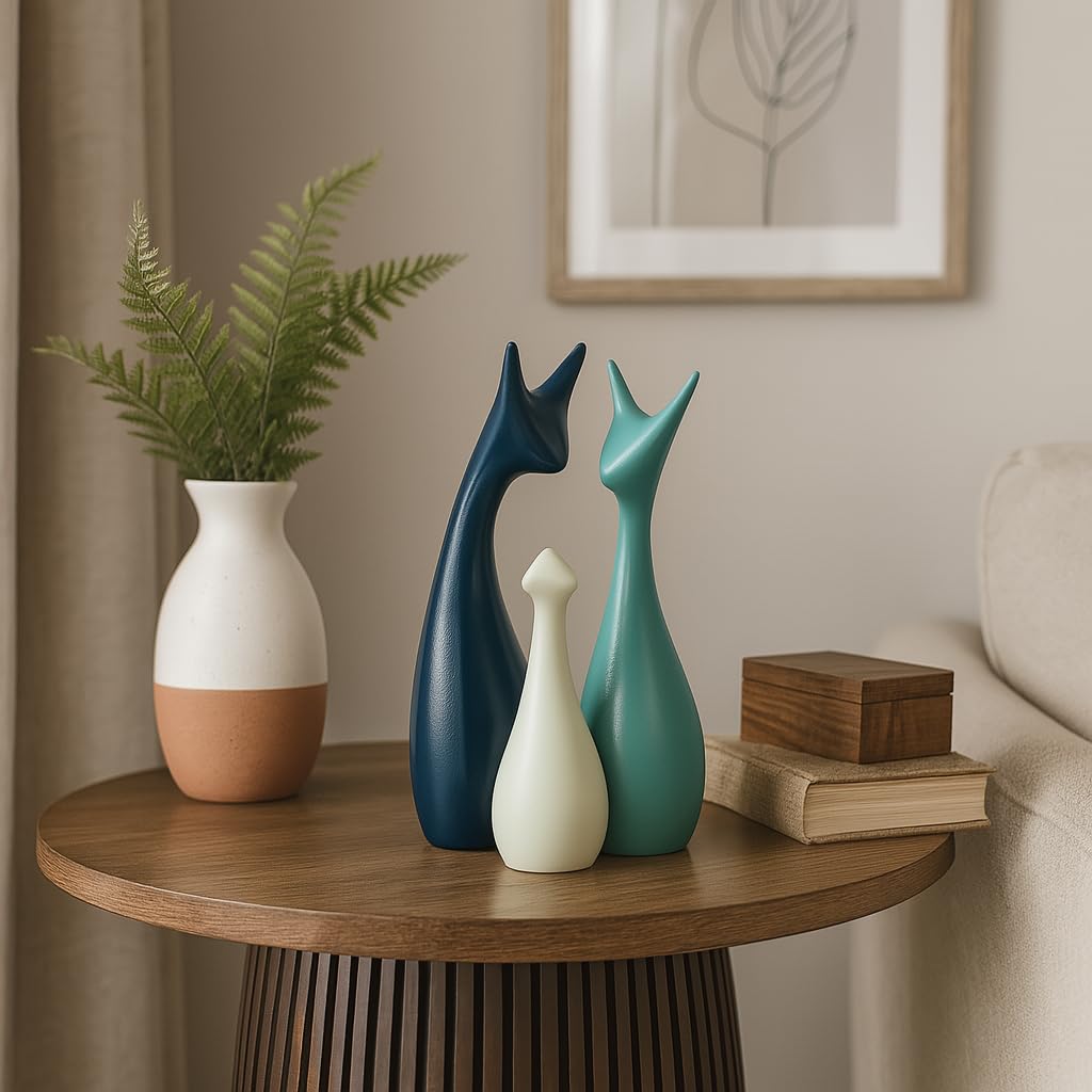 Home Decor Lucky Deer Family Statue Ceramic Figures - (Set of 3, Navy Blue, Lemon and Light Green)