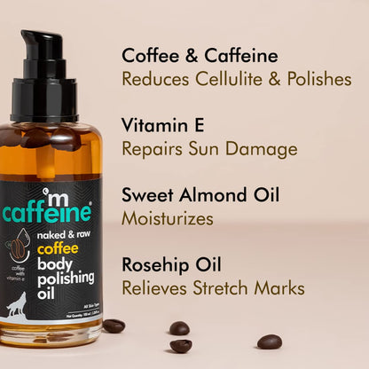 Bottle of coffee and caffeine body polishing oil with text on benefits on a beige background