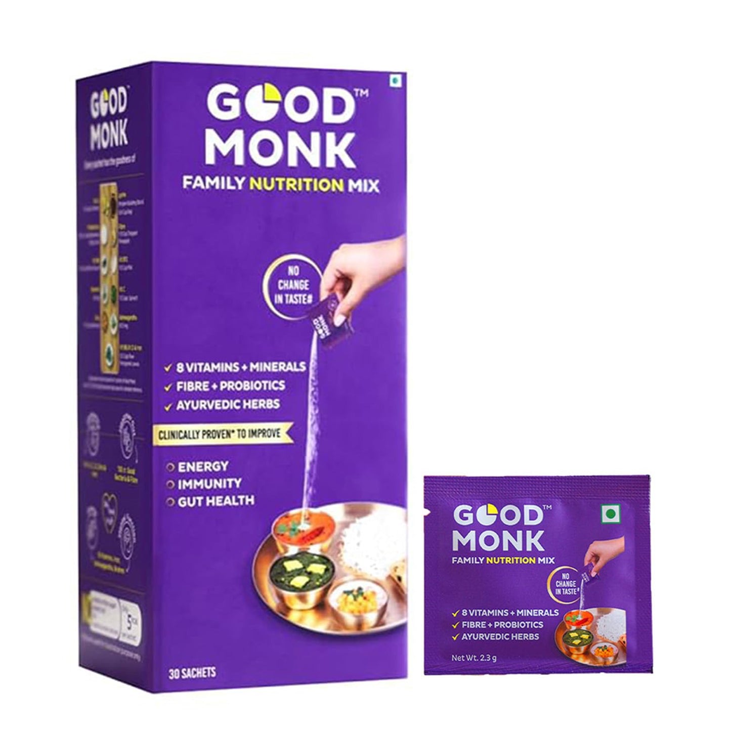 Good Monk Clinically Proven Multivitamin Mix for Kids, Men & Women | For Energy, Immunity, Gut Health | With Probiotics, Fibre, Vit B12, C, D, Iron, Zinc | Add To Food - No Taste Change | 30 Sachets