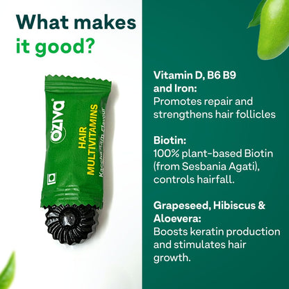OZiva Biotin Hair Multivitamins Gummies For Stronger,Fuller,Shinier Hair|Hair Gummies With Keratin Builder,Iron&Vitamins B9,B6&D|Raw Mango Flavour|No Added Sugar (Pack Of 1,30 Gummies)