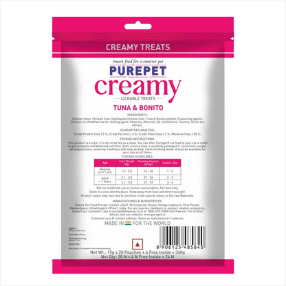 Purepet Creamy Lickable Cat Treats(15g x 24 Pieces) 360g | Tuna & Bonito Flavour | Rich in Protein | Taurine for Heart & Vision | Ideal for Training | Promotes Hydration| for Kitten & Adult Cats
