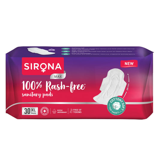 Sirona 100% Rash-free sanitary pads packaging on a white background