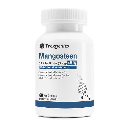 Supplement bottle labeled 'Mangosteen' by Trexgenics on a white background