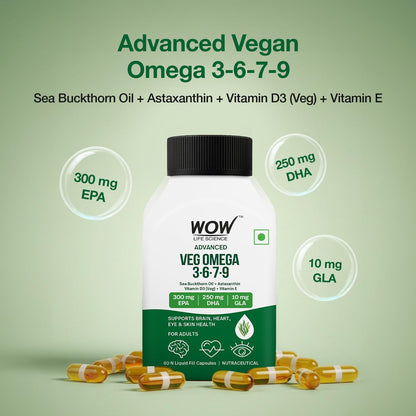 WOW Life Science Advanced Veg Omega 3-6-7-9 | Plant-Based EPA & DHA from Algal Oil + GLA from Evening Primrose | Sea Buckthorn Oil + Astaxanthin + Vitamin D3 (Veg) & Vitamin E | Brain Focus, Heart Health, Eye Support, Skin Hydration | 60 Capsules