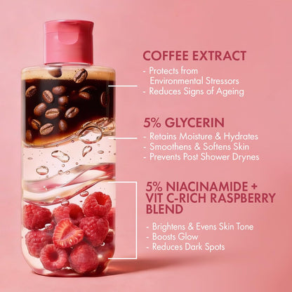 mCaffeine Brightening Body Wash - 5% Niacinamide & Raspberry | Summer Body Wash for Dry Skin | Vitamin C & Glycerin Hydration | Boosts Glow, Deep Cleanses & Softens Skin | Fruity Shower Gel - 300ml