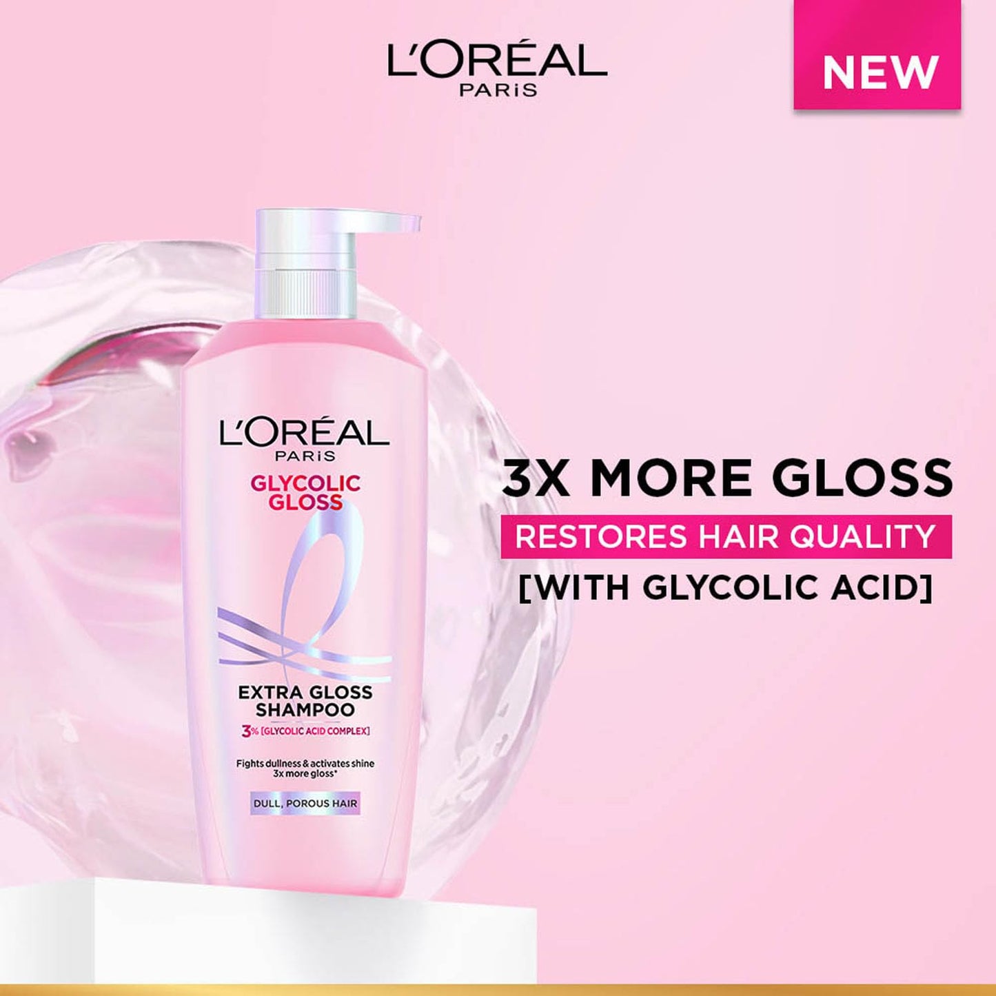 L'Oreal Paris Glycolic Gloss shampoo bottle on a pink background with product details.