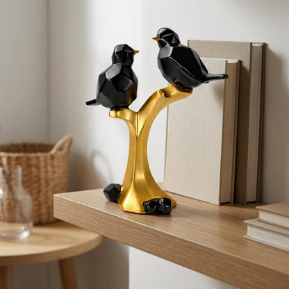 Striking Geometric Bird Pair Sculpture for Home & Office Décor | Modern Black & Gold Perched Birds Showpiece for Living Room, Shelf & Table Styling (22 cm)