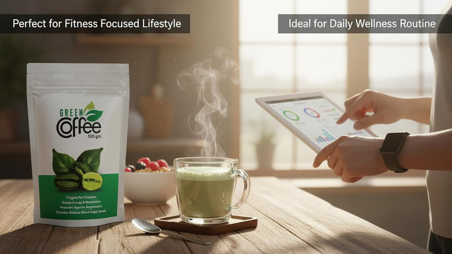 Green coffee package on a table with a cup of green coffee and a person using a tablet.