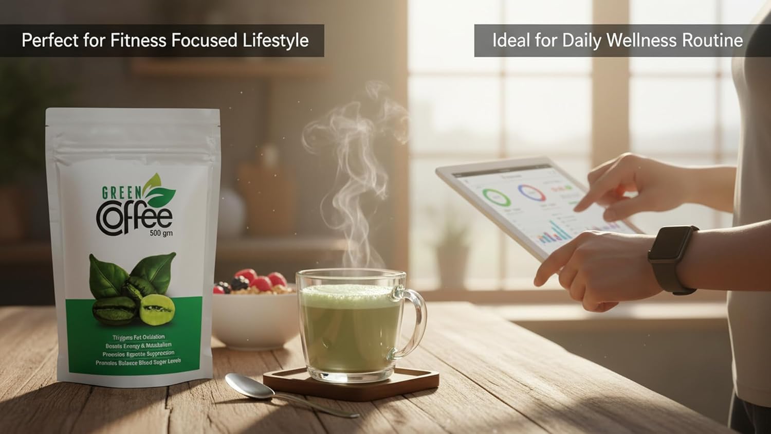 Green coffee package on a table with a cup of green coffee and a person using a tablet.
