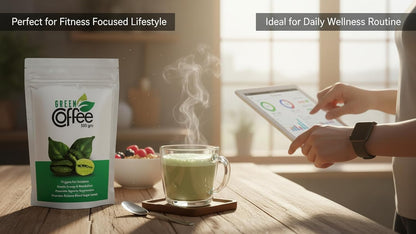 Green coffee package on a table with a cup of green coffee and a person using a tablet.