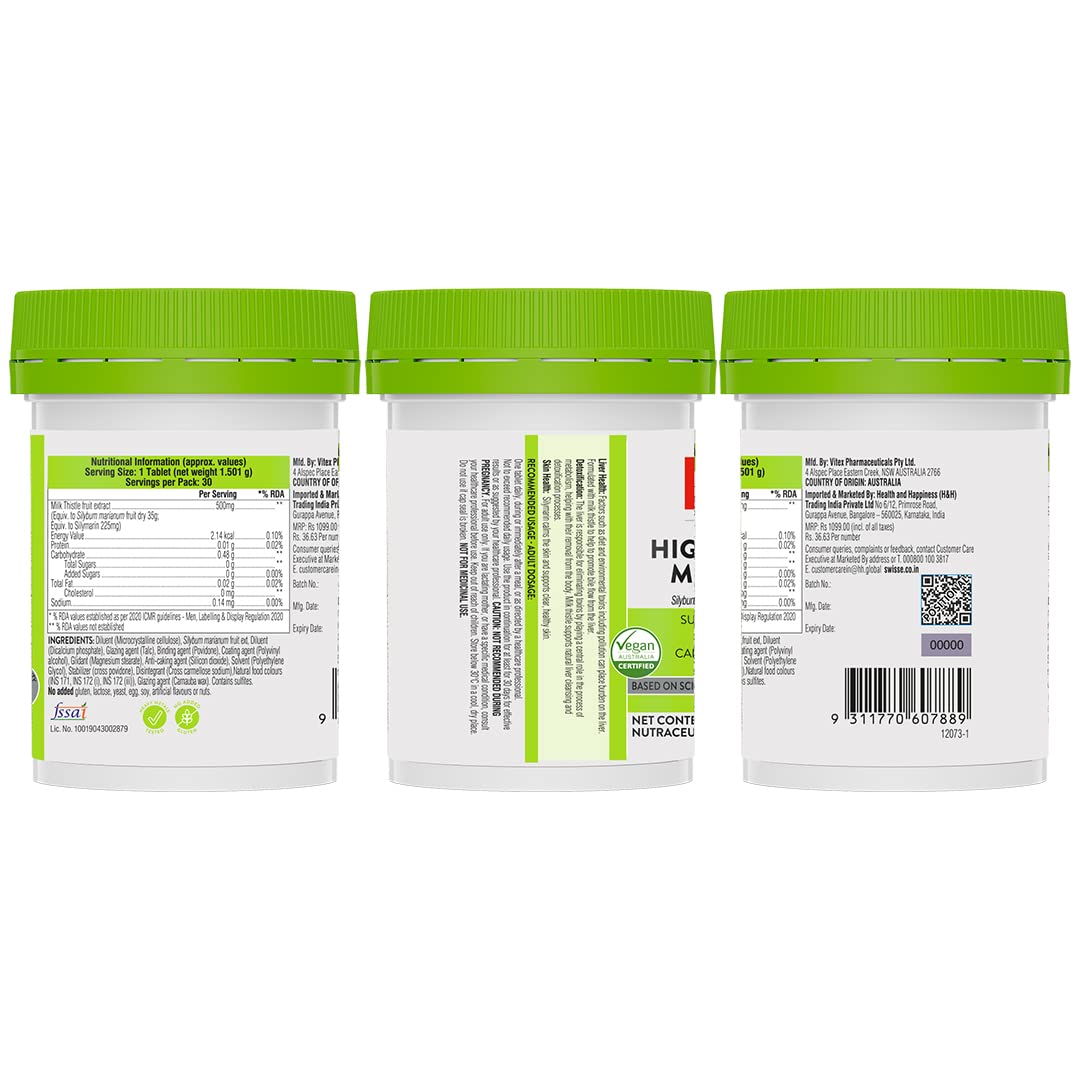 Zephivo Swisse High Strength Milk Thistle with 500mg (70:1) Milk Thistle Extract for Complete Liver Support, Alcohol Detox & Protection Against Fatty Liver - 30 Tablets (Highest Milk Thistle Content In Single Tab)