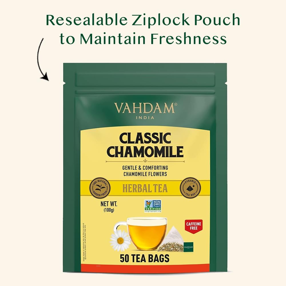 VAHDAM, Chamomile Infusion Bags (50 Count) | Caffeine Free, Non-GMO | Botanical Tisane – Sweet & Floral | Resealable Ziplock Pouch