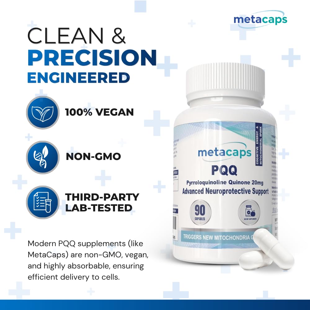 MetaCaps PQQ 20mg – 90 Veg Capsules | Ultra-Potent Mitochondrial Support & Brain Health Supplement | Enhances Energy, Focus & Cognitive Function | Advanced Antioxidant for Longevity | Non-GMO & Vegan
