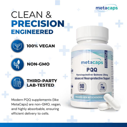 MetaCaps PQQ 20mg – 90 Veg Capsules | Ultra-Potent Mitochondrial Support & Brain Health Supplement | Enhances Energy, Focus & Cognitive Function | Advanced Antioxidant for Longevity | Non-GMO & Vegan