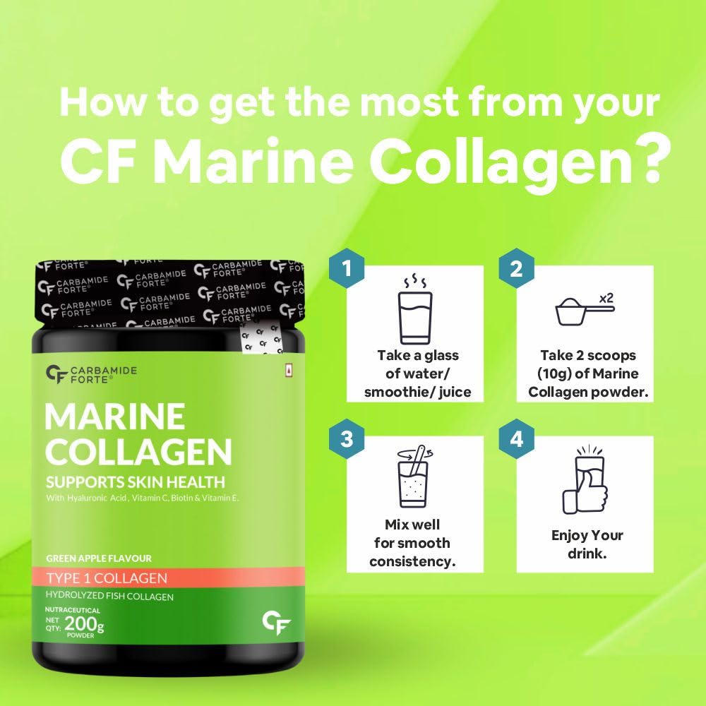 Carbamide Forte Marine Collagen Powder Supplement - for Skin Fish Collagen Powder for Women & Men - 200 Grams Powder - Green Apple Flavour