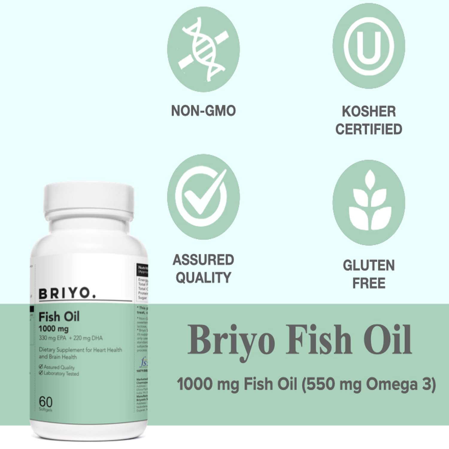 Briyo Fish Oil supplement bottle with certification icons on a light green background