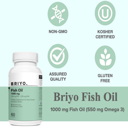 Briyo Fish Oil supplement bottle with certification icons on a light green background