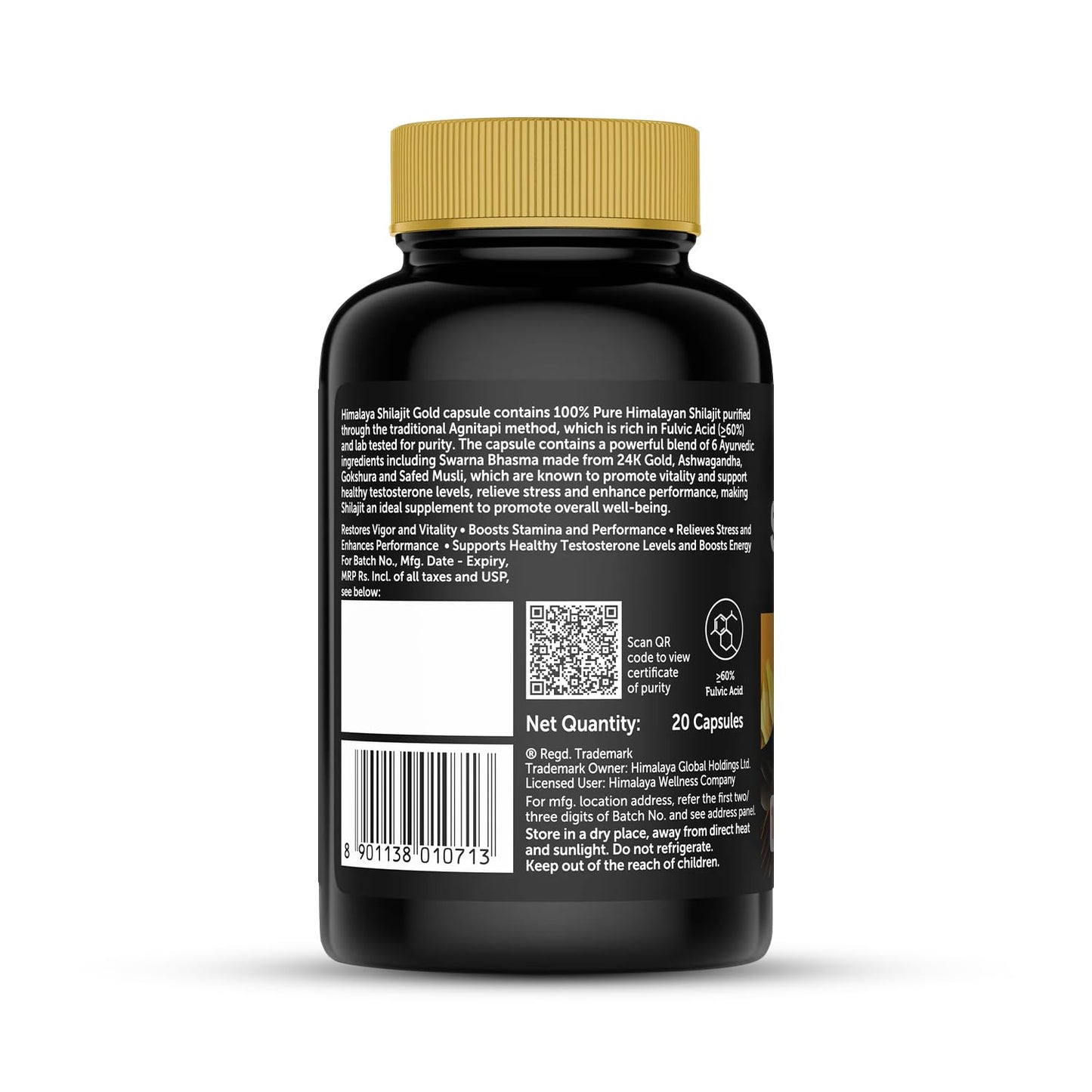 Black supplement bottle with gold cap on a white background