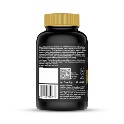 Black supplement bottle with gold cap on a white background