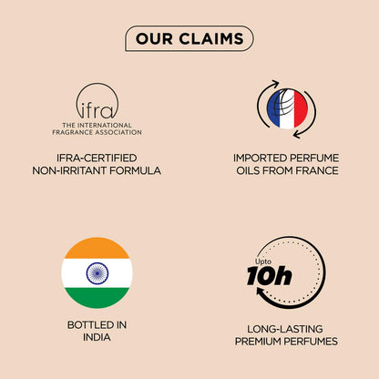 List of product claims with icons and text on a beige background