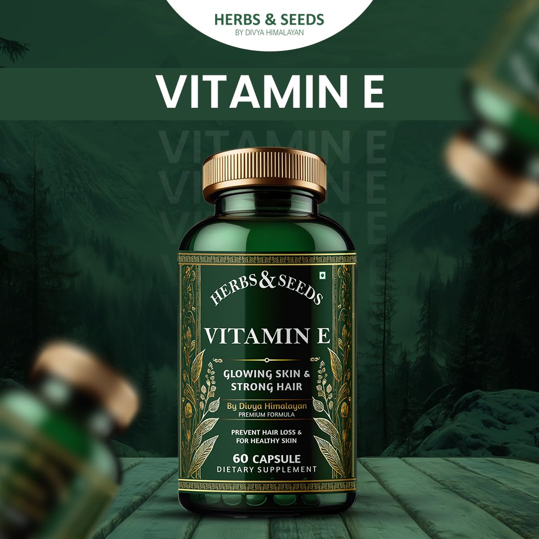 Herbs & Seeds Vitamin E supplement bottle on a green background