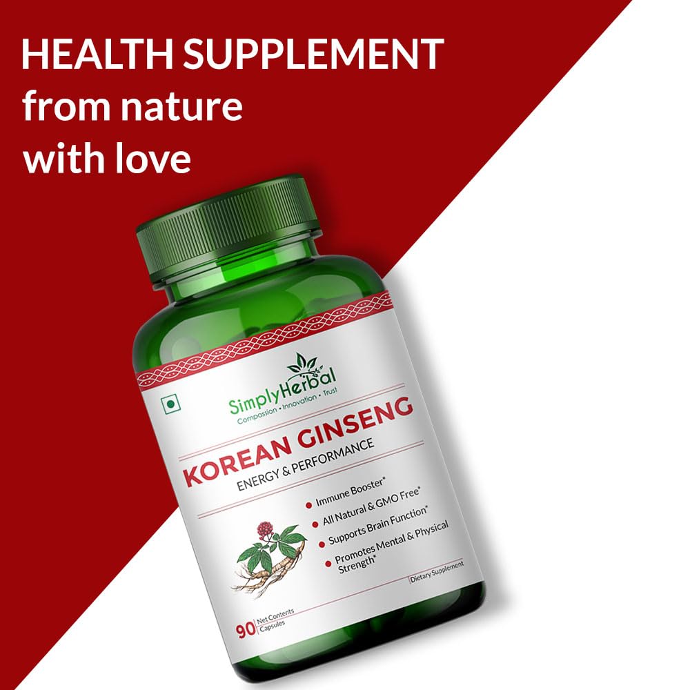 Simply Herbal Korean Red Ginseng 1000mg – 90 Veg Capsules | Energy, Vitality & Stamina Support | Herbal Adaptogen Supplement for Men & Women